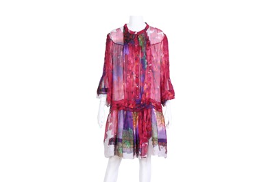 Lot 23 - Roberto Cavalli Magenta Floral Silk Print Dress - Size 46