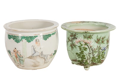 Lot 109 - A CHINESE QIANJIANG CAI 'SCHOLAR AND BOYS' JARDINIERE AND A CELADON JARDINIERE