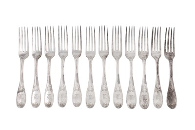 Lot 418 - A set of twelve Victorian sterling silver table forks, London 1855 by George Adams of Chawner and Co