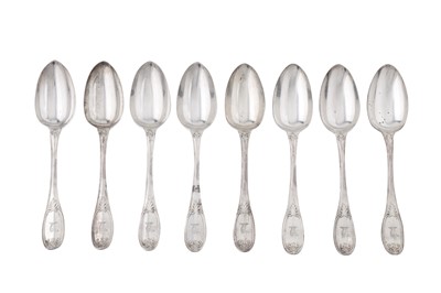 Lot 419 - A set of eight Victorian sterling silver tablespoons, London 1855 by George Adams of Chawner and Co