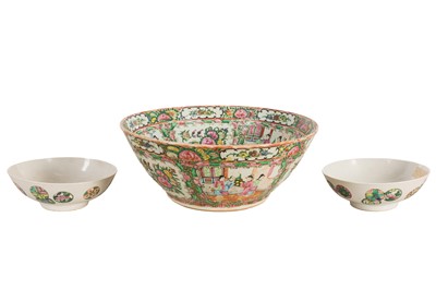 Lot 111 - A CHINESE CANTON FAMILLE-ROSE PUNCH BOWL AND TWO BOWLS