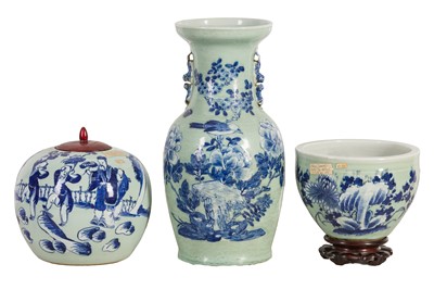 Lot 476 - THREE CHINESE BLUE AND WHITE CELADON-GROUND WARES