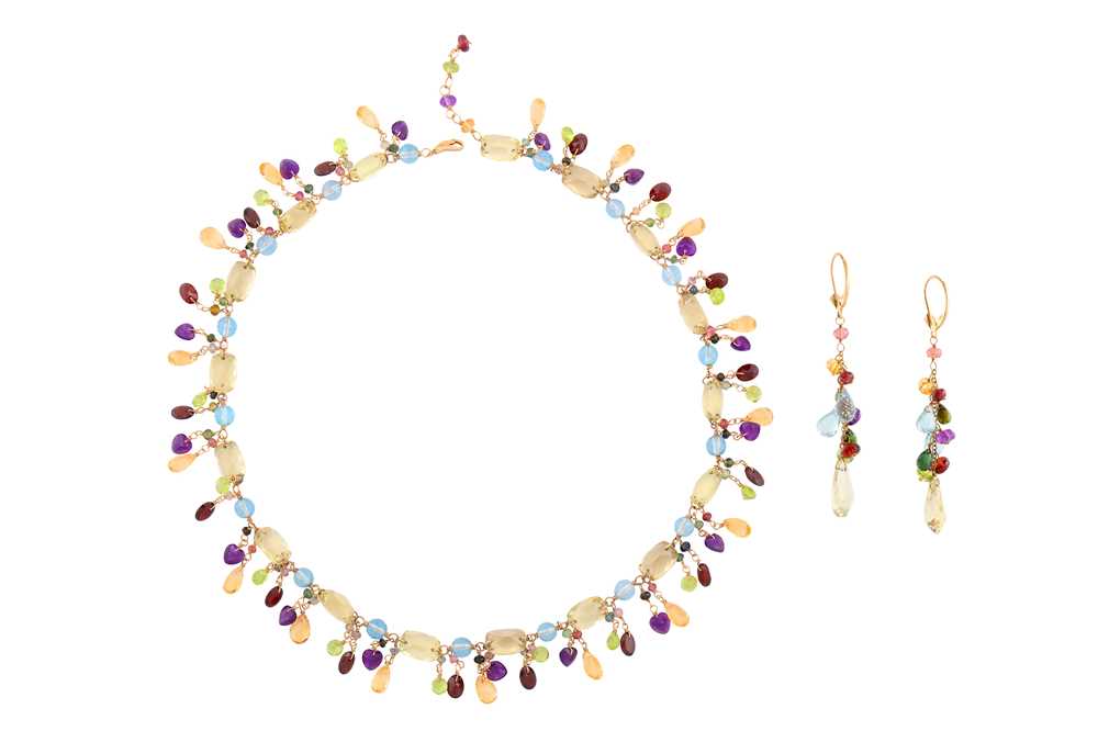 Lot 134 - A MULTI-GEM SET NECKLACE AND EARRING SUITE