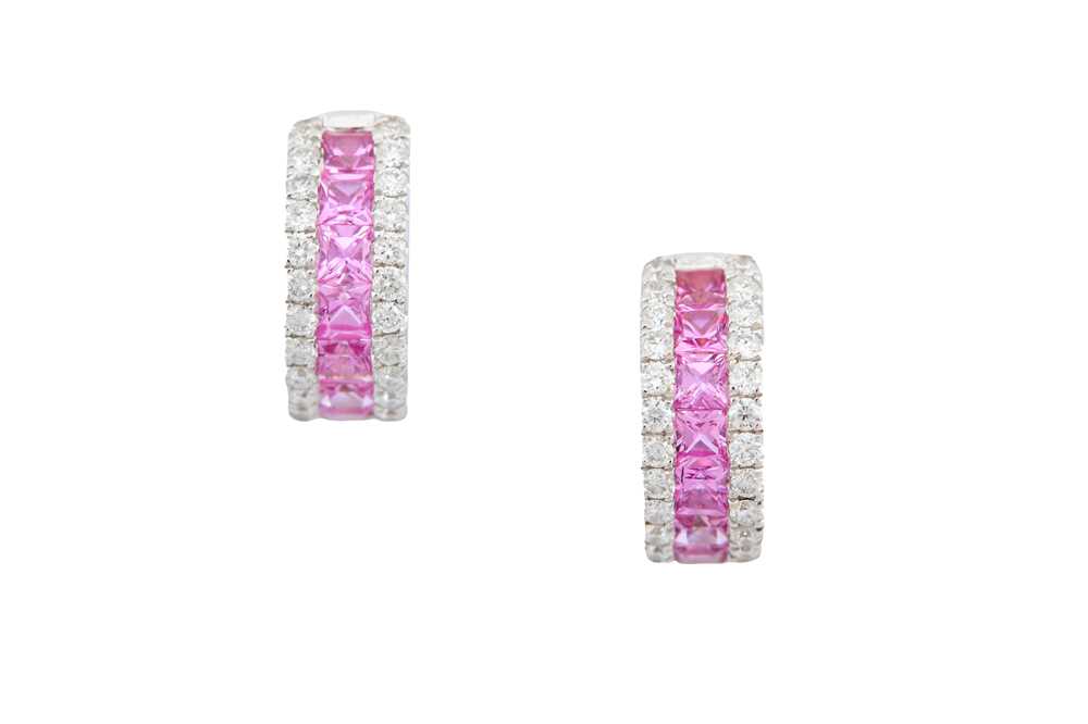 Lot 105 - A PAIR OF PINK SAPPHIRE AND DIAMOND EARRINGS
