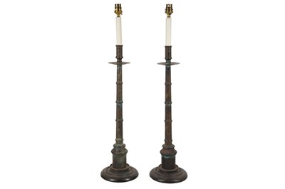 Lot 101 - A PAIR OF PATINATED BRONZE TABLE LAMPS