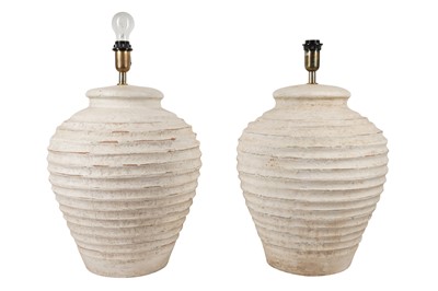 Lot 265 - A PAIR OF LARGE CONTEMPORARY WHITE PAINTED POTTERY TABLE LAMPS
