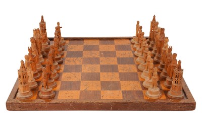 Lot 280 - A FINE SET OF CHARLEMAGNE TYPE CARVED LIME WOOD CHESSMEN, GERMAN/SWISS LATE 19TH CENTURY