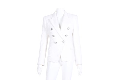 Lot 530 - Balmain White Tweed Double Breasted Blazer - Size 36