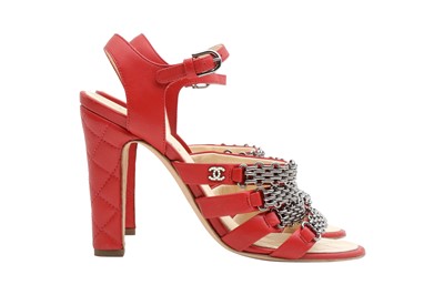 Lot 10 - Chanel Red Reissue CC Heeled Sandal - Size 37.5