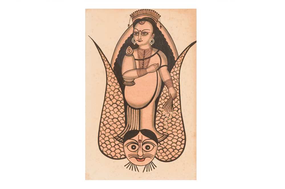 Lot 92 - A KALIGHAT STYLE PAINTING OF VISHNU ON GARUDA VAHANA