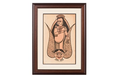 Lot 92 - A KALIGHAT STYLE PAINTING OF VISHNU ON GARUDA VAHANA