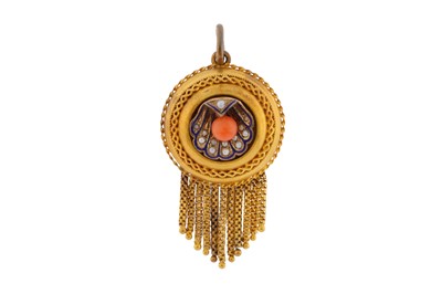 Lot 12 - A CORAL, ENAMEL AND SEED PEARL PENDANT