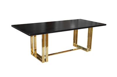 Lot 61 - A BLACK STAINED WOOD AND BRASS DINING TABLE, 21ST CENTURY