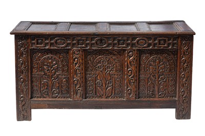Lot 166 - A CARVED OAK COFFER, 17TH CENTURY AND LATER