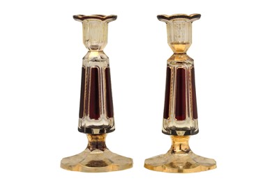 Lot 229 - A PAIR OF BOHEMIAN GLASS CANDLESTICKS, MOSER OR JOSEPHINENHUTTE, CIRCA 1900
