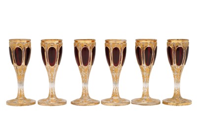 Lot 231 - A SET OF SIX BOHEMIAN GLASS LICQUEUR GLASSES, MOSER OR JOSEPHINENHUTTE, CIRCA 1900