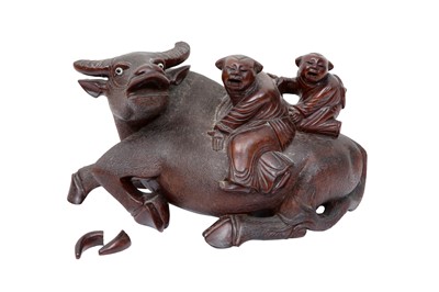 Lot 688 - A CHINESE WOOD CARVING OF A WATER BUFFALO AND BOYS