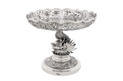 Lot 111 - A late 19th / early 20th century Chinese export silver comport or footed tazza, Canton circa 1900, marked Hou Xiang, retailed by Wang Hing