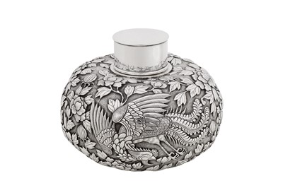 Lot 116 - A late 19th century Chinese export silver tea caddy, Canton circa 1890, marked Zhou, retailed by Wang Hing