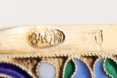 Lot 334 - A Nicholas II Russian 84 zolotnik silver gilt and cloisonné enamel vesta case, marked for Warsaw 1899-1904, maker’s mark obscured IX?