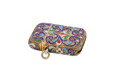 Lot 334 - A Nicholas II Russian 84 zolotnik silver gilt and cloisonné enamel vesta case, marked for Warsaw 1899-1904, maker’s mark obscured IX?