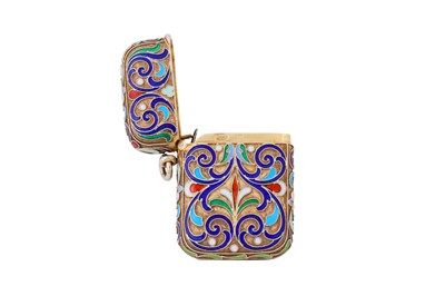 Lot 334 - A Nicholas II Russian 84 zolotnik silver gilt and cloisonné enamel vesta case, marked for Warsaw 1899-1904, maker’s mark obscured IX?