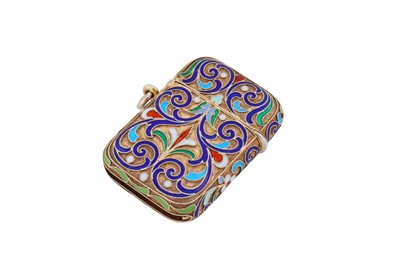 Lot 334 - A Nicholas II Russian 84 zolotnik silver gilt and cloisonné enamel vesta case, marked for Warsaw 1899-1904, maker’s mark obscured IX?