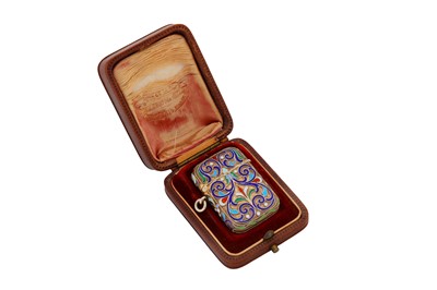 Lot 334 - A Nicholas II Russian 84 zolotnik silver gilt and cloisonné enamel vesta case, marked for Warsaw 1899-1904, maker’s mark obscured IX?
