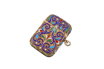 Lot 334 - A Nicholas II Russian 84 zolotnik silver gilt and cloisonné enamel vesta case, marked for Warsaw 1899-1904, maker’s mark obscured IX?