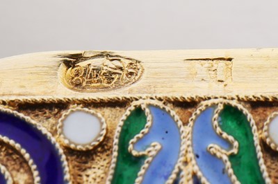 Lot 334 - A Nicholas II Russian 84 zolotnik silver gilt and cloisonné enamel vesta case, marked for Warsaw 1899-1904, maker’s mark obscured IX?