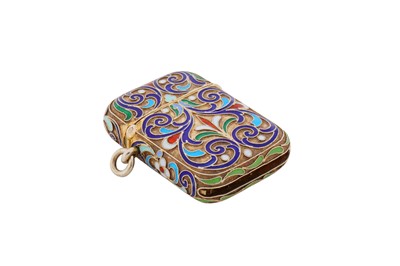 Lot 334 - A Nicholas II Russian 84 zolotnik silver gilt and cloisonné enamel vesta case, marked for Warsaw 1899-1904, maker’s mark obscured IX?
