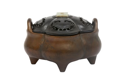 Lot 571 - A CHINESE BRONZE CENSER AND JADE-INSET WOOD COVER