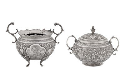 Lot 297 - An early 20th century Persian (Iranian) silver twin handled covered sugar bowl, Isfahan circa 1930