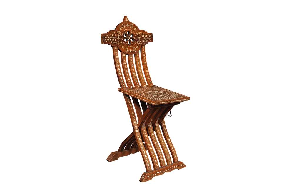 Lot 277 - A SYRIAN BONE INLAID HARDWOOD FOLDING CHAIR CIRCA 1880