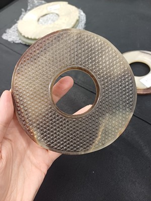 Lot 524 - THREE CHINESE ARCHAISTIC JADE BI DISCS