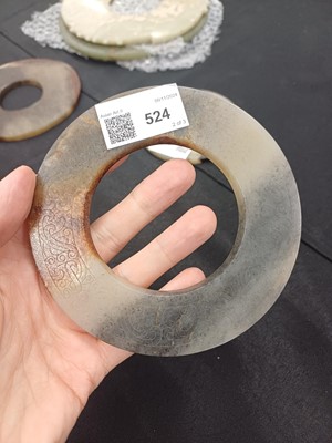 Lot 524 - THREE CHINESE ARCHAISTIC JADE BI DISCS
