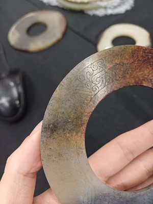 Lot 524 - THREE CHINESE ARCHAISTIC JADE BI DISCS