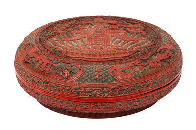 Lot 715 - A LARGE CHINESE CARVED POLYCHROME LACQUER 'CHUN' CIRCULAR BOX AND COVER