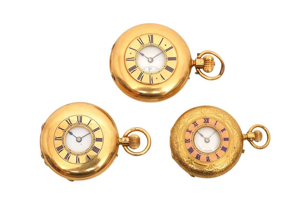 Lot 85 - THREE HALF HUNTER FOB WATCHES - 18K GOLD
