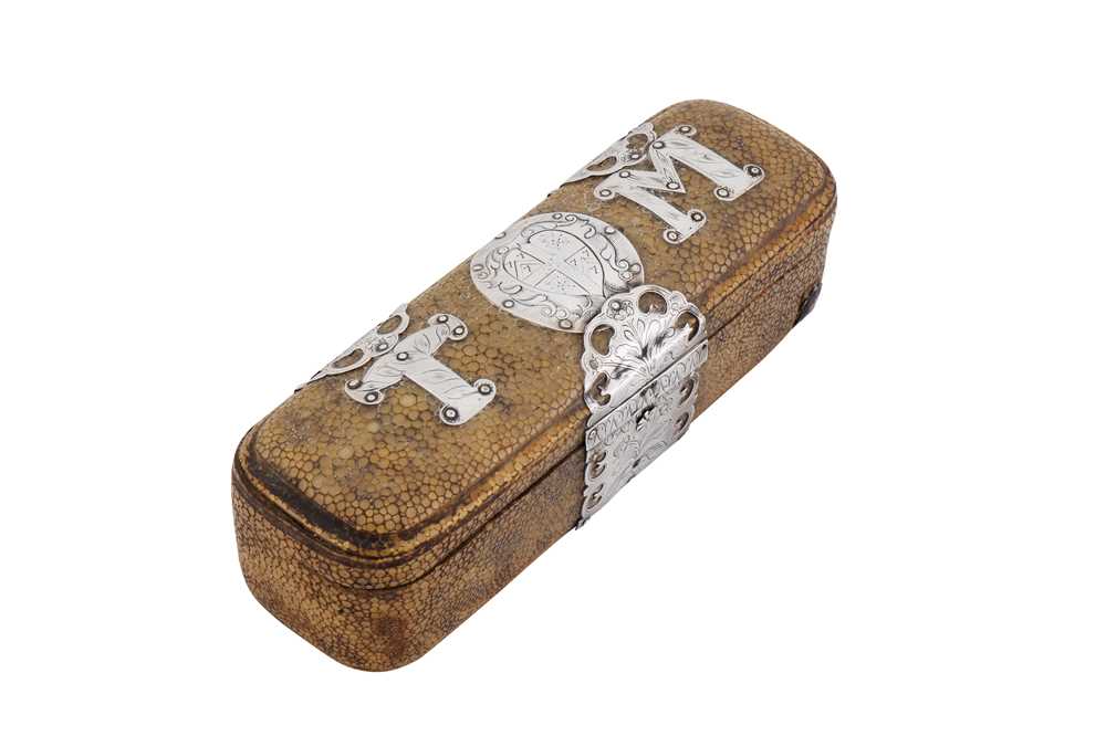 Lot 479 - A rare Charles II - William and Mary unmarked silver mounted shagreen barber surgeons instrument case, London circa 1670-90