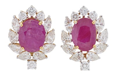 Lot 387 - A PAIR OF RUBY AND DIAMOND CLUSTER EARRINGS