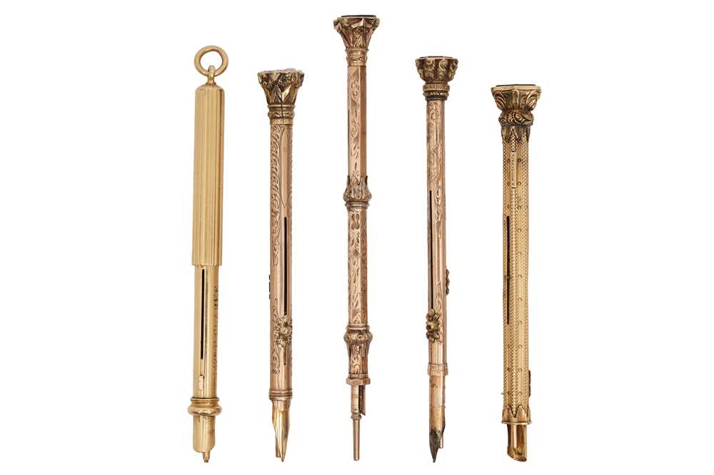 Lot 91 - A GROUP OF FIVE VICTORIAN GILT METAL COMBINATION PROPELLING PEN & PENCILS