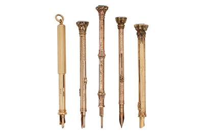 Lot 91 - A GROUP OF FIVE VICTORIAN GILT METAL COMBINATION PROPELLING PEN & PENCILS