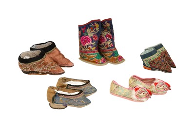 Lot 743 - A GROUP OF FIVE PAIRS OF CHINESE EMBROIDERED SILK SHOES