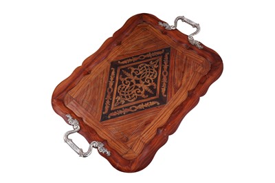 Lot 340 - A mid-19th century Dutch 934 standard silver mounted kingwood and tulipwood tray, Amsterdam 1856 by Pieter Pieterse (active 1846-70) retailed by Bonebakker and Zoon