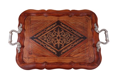 Lot 340 - A mid-19th century Dutch 934 standard silver mounted kingwood and tulipwood tray, Amsterdam 1856 by Pieter Pieterse (active 1846-70) retailed by Bonebakker and Zoon