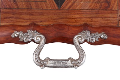 Lot 340 - A mid-19th century Dutch 934 standard silver mounted kingwood and tulipwood tray, Amsterdam 1856 by Pieter Pieterse (active 1846-70) retailed by Bonebakker and Zoon