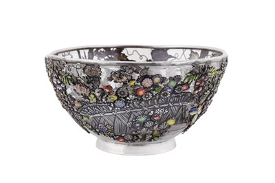 Lot 279 - An early 20th century Japanese silver and enamel mounted glass bowl, Yokohama circa 1920
