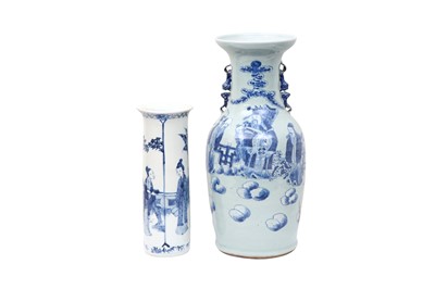 Lot 442 - A CHINESE BLUE AND WHITE 'LADIES' SLEEVE VASE AND A CELADON-GROUND VASE