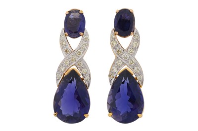 Lot 460 - A PAIR OF IOLITE AND DIAMOND EARRINGS